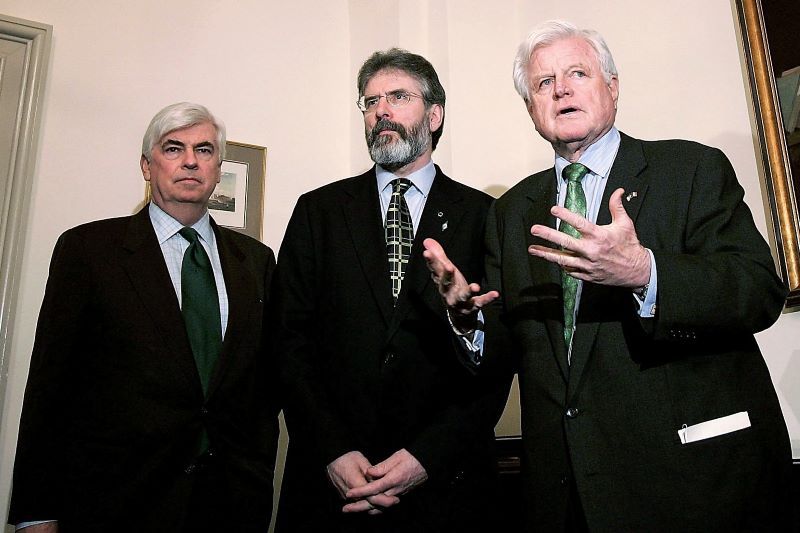 March 16, 2006: U.S. Sen. Chris Dodd (D-CT), Sinn Fein leader Gerry Adams and Sen. Edward Kennedy (D-MA) speak to the media after a meeting March 16, 2006 on Capitol Hill in Washington, DC. Adams was on Capitol Hill for a St. Patrick's Day luncheon. (Getty Images)