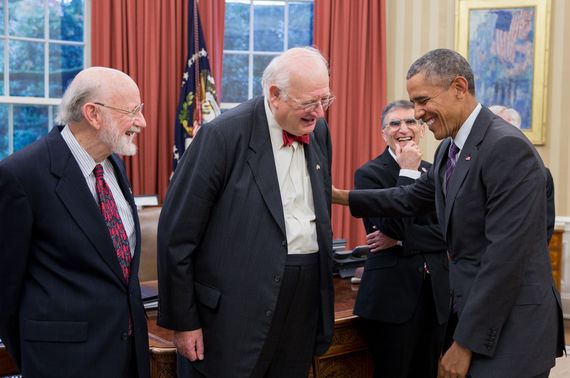 Dr William Campbell (left) enjoying a joke with president Barrack Obama at the White House. Dr William Campbell (left) enjoying a joke with president Barrack Obama at the White House.