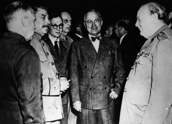 President Harry S. Truman meets with Joseph Stalin the Soviet leader and Winston Churchill at the Potsdam Conference, circa 1945. President Harry S. Truman meets with Joseph Stalin the Soviet leader and Winston Churchill at the Potsdam Conference, circa 1945.