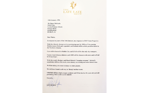 A letter from Gay Byrne for the "20-20 Vision" project. A letter from Gay Byrne for the "20-20 Vision" project.