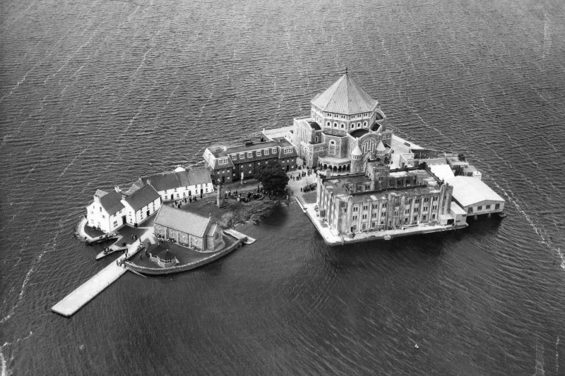 St Patrick's Purgatory, a place of pilgrimage on Station Island in Lough Derg, County Donegal, circa 1935 (Getty Images)