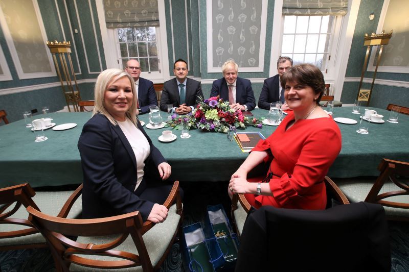 Tánaiste Simon Coveney, Taoiseach (Irish prime minister) Leo Varadka, British Prime Minister Boris Johnson and meets Northern Ireland Secretary of State Julian Smith hold the first meeting with the Deputy First Minister Michelle O'Neill and First Minister Arlene Foster at Parliament Buildings at Stormont, Belfast, Northern Ireland on Jan 13, 2020 (RollingNews.ie)
