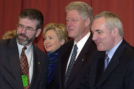 Gerry Adams, Hillary and Bill Clinton and the then Taoiseach (PM) Bertie Ahern. Gerry Adams, Hillary and Bill Clinton and the then Taoiseach (PM) Bertie Ahern.