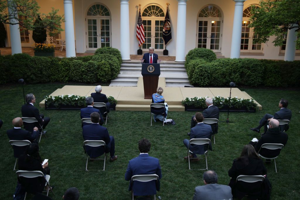 President Donald Trump giving a press briefing in the White House Rose Garden on COVID-19. President Donald Trump giving a press briefing in the White House Rose Garden on COVID-19.