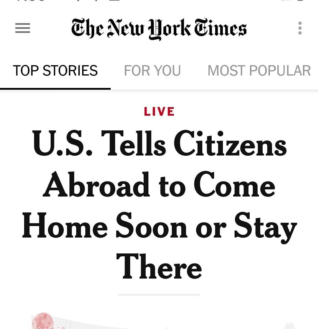New York Times headline "U.S. tells citizens to come home soon or stay there". New York Times headline "U.S. tells citizens to come home soon or stay there".
