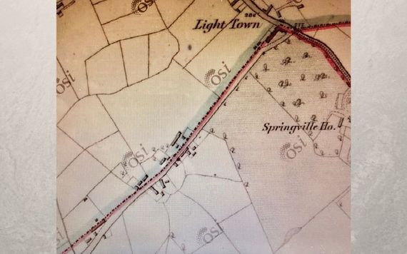 Springville & Light Town, Burry Parish, Union of Kells, Co. Meath, 1837, showing house and barns of author's ancestors in lower left corner. Credit: Ordnance Survey Ireland Springville & Light Town, Burry Parish, Union of Kells, Co. Meath, 1837, showing house and barns of author's ancestors in lower left corner. Credit: Ordnance Survey Ireland