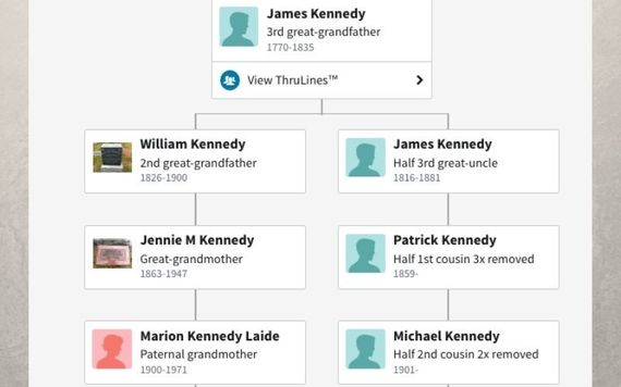 Mike’s DNA Match’s Tree: Kennedy ancestry lines for Mike and his DNA match both go back to James Kennedy in Dunganstown, Co. Wexford, Ireland. Mike’s DNA Match’s Tree: Kennedy ancestry lines for Mike and his DNA match both go back to James Kennedy in Dunganstown, Co. Wexford, Ireland.