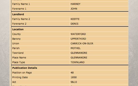 Griffith’s Valuation record showing John Harney living in townland Glennanore in 1850 in Union Carrick-on-Suir. A match to Kate’s family lore! Griffith’s Valuation record showing John Harney living in townland Glennanore in 1850 in Union Carrick-on-Suir. A match to Kate’s family lore!