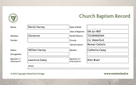 Roman Catholic baptism record showing that Kate’s DNA match’s great grandfather Patrick Harney was born in Glenanore, Co. Waterford. Roman Catholic baptism record showing that Kate’s DNA match’s great grandfather Patrick Harney was born in Glenanore, Co. Waterford.