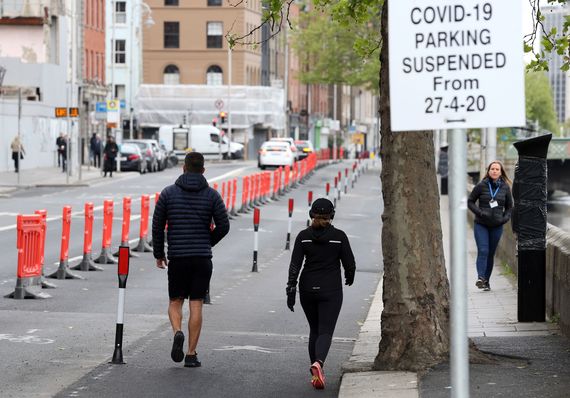 Paths are widened in Dublin's city center to accommodate social distancing. Paths are widened in Dublin's city center to accommodate social distancing.