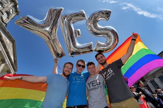 May 23, 2015: Supporters in favour of same-sex marriage pose for a photograph as thousands gather in Dublin Castle square awaiting the referendum vote outcome on May 23, 2015 in Dublin, Ireland. (Getty Images)