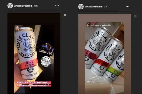 On Instagram, White Claw Ireland shared these two stories of people who purchased White Claw in Ireland (@WhiteClawIreland, Instagram)