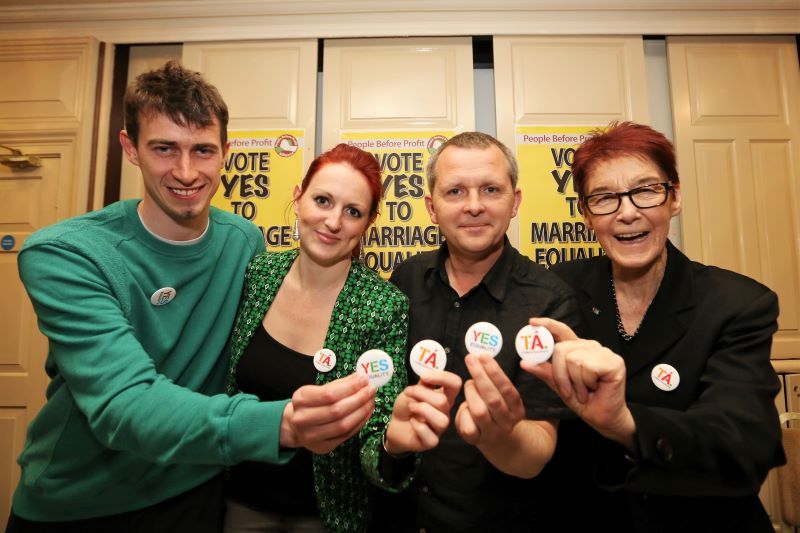 April 3, 2015: People Before Profit Alliance officially launch it's 'Yes Marriage Equality Campaign.' L to R: People before Profit Cllr Barry Martin, Adrienne Wallace from Carlow, TD Richard Boyd Barrett. and former director of WERRC at UCD Ailbhe Smyth. (RollingNews.ie)
