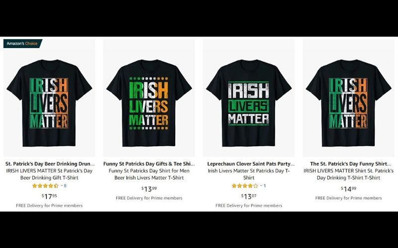 A screengrab of the search results for "Irish Livers Matter" on Amazon on June 25, 2020. (Amazon)