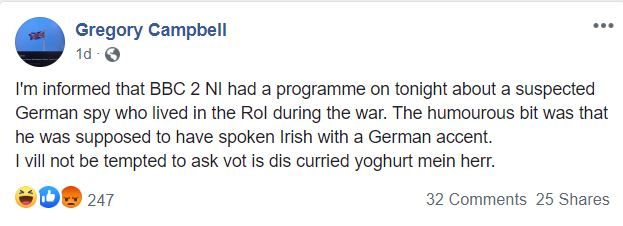A screengrab of MP Gregory Campbell's July 26 Facebook post. (Gregory Campbell, Facebook)