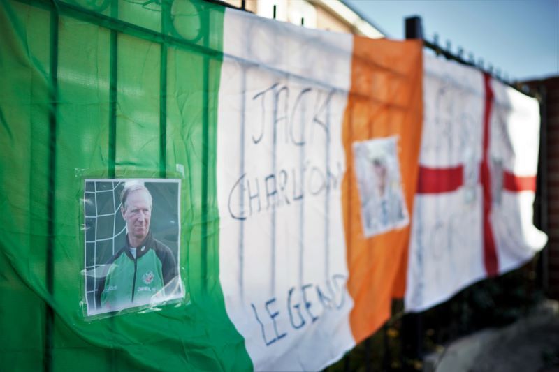 An Irish flag among the tributes to Jack Chartlon in Ashington on the day of his funeral, July 21, 2020. (Getty Images)