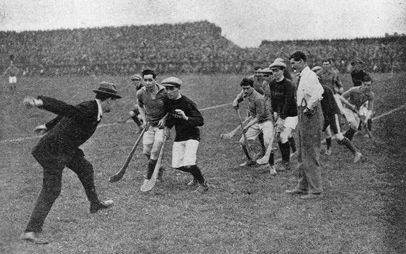 Michael Collins throwing in the ball to start a hurling match at Croke Park, Dublin in 1921. (Getty Images)