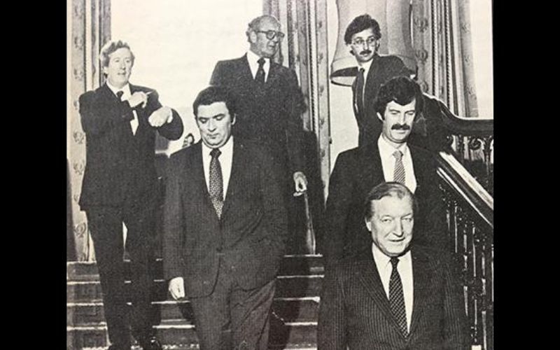 1984: Ted Smyth in right background with the leaders of the New Ireland Forum in 1984, including John Hume, Garret FitzGerald, Charlie Haughey and Dick Spring. (Courtesy Ted Smyth)