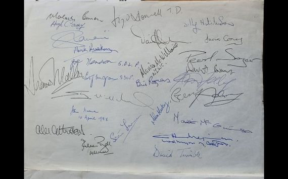 Some of the signatures on the Good Friday Agreement that is set to be auctioned. (Sean Eacrett Antiques)