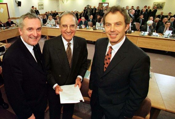 (L to R): Taoiseach Bertie Ahern with Senator George Mitchell and British Prime Minister Tony Blair at Castle Buildings Belfast, after they signed the peace agreement on April 10, 1998. (RollingNews.ie)