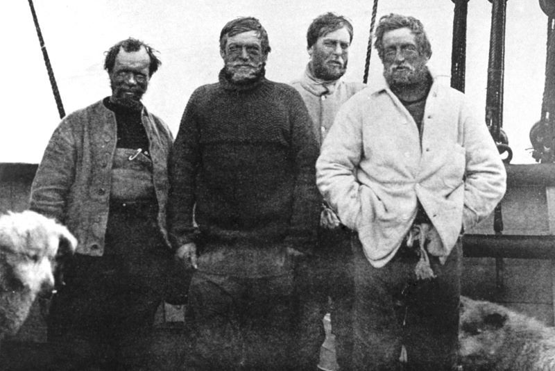 The Nimrod Expedition South Pole Party (L to R): South Pole party: Frank Wild, Shackleton, Eric Marshall and Jameson Adams. (Public Domain)