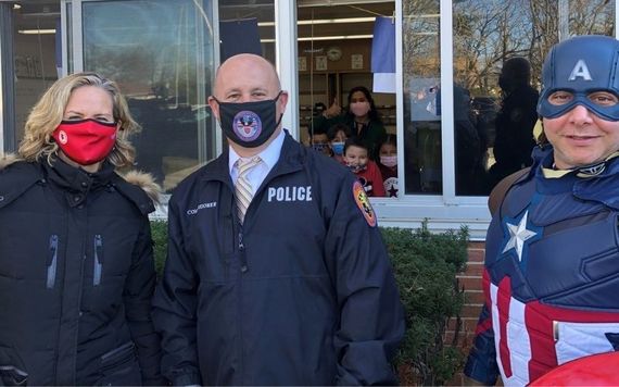 Nassau County Executive Laura Curran, Patrick Ryder and a superhero visit a school. Nassau County Executive Laura Curran, Patrick Ryder and a superhero visit a school.