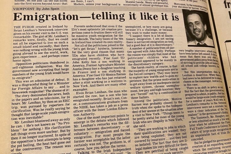 A photo of John Spain’s first column for the Irish Voice, in our debut issue dated Saturday, December 5, 1987.