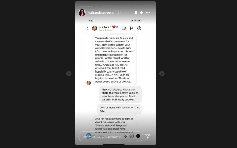 Candace Owens shared a screenshot of her messages with Ireland Baldwin on her Instagram stories.