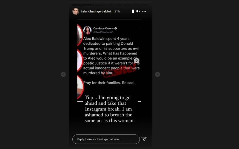 Ireland Baldwin's Instagram story shared on October 25.