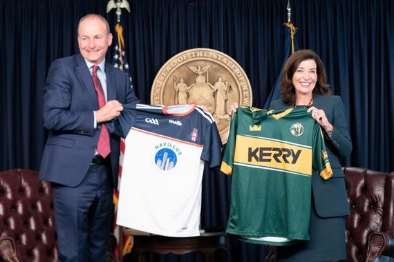 Irish leader Micheal Martin and NY Gov Kathy Hochul exchange jerseys in New York. Irish leader Micheal Martin and NY Gov Kathy Hochul exchange jerseys in New York.
