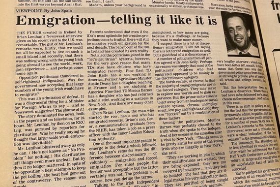 A photo of John Spain’s first column for the Irish Voice, in its debut issue dated Saturday, December 5, 1987.