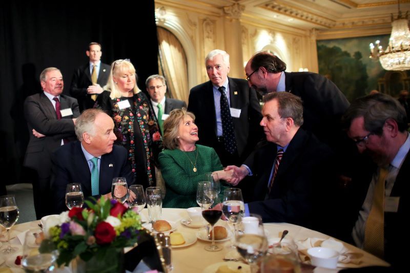 March 16, 2015: Hillary Clinton, with Niall O'Dowd to her left, during a ceremony to induct her into the Irish America Hall of Fame in New York City. (Getty Images)