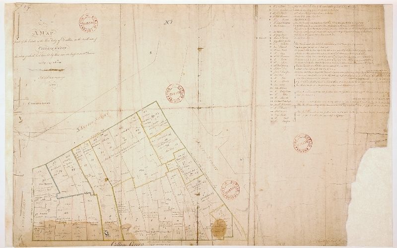 Map part of City Estate on south side of College Green, the whole of which had been let by three separate leases to Sir William Fownes in 1696, 1697, 1699. Dublin City Library & Archive