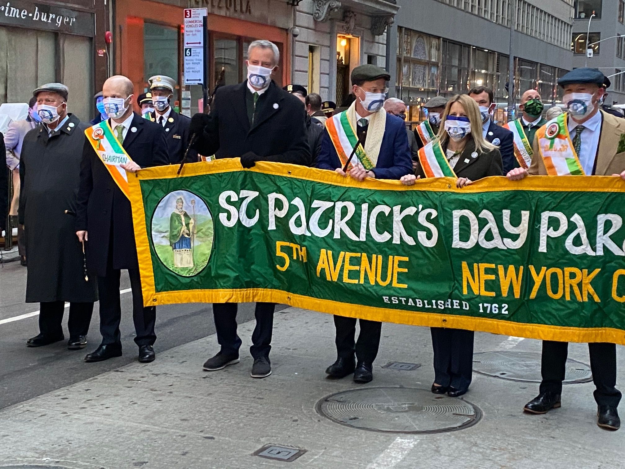 New York city's Mayor Bill de Blasio marches in the 2021 New York St. Patrick's Day parade. New York city's Mayor Bill de Blasio marches in the 2021 New York St. Patrick's Day parade.