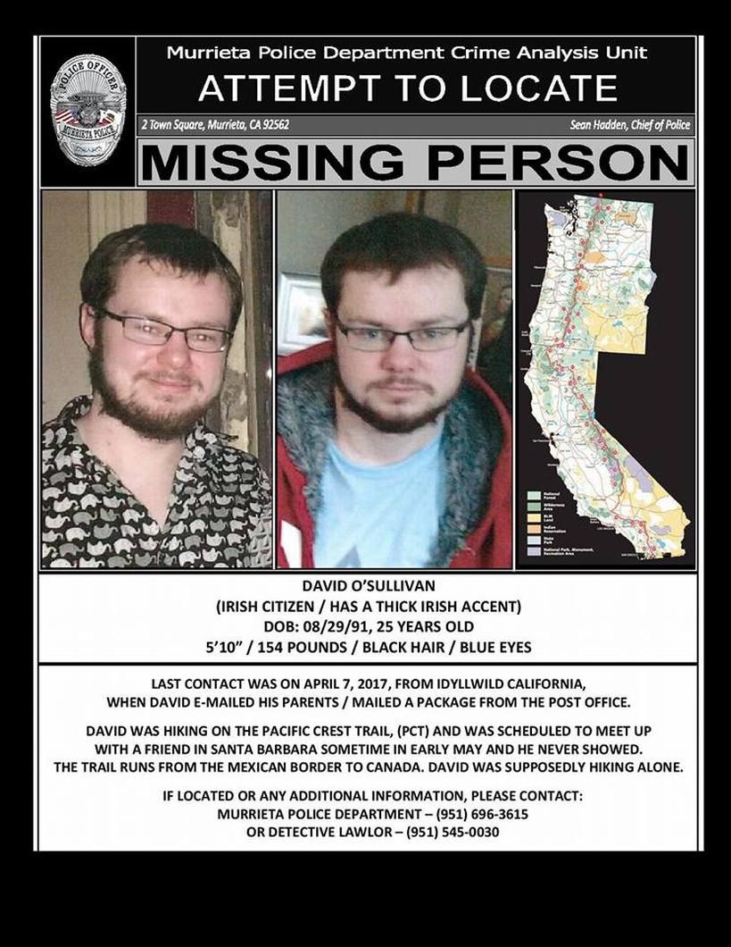 Missing person poster for David O'Sullivan. Murrieta Police Department Missing person poster for David O'Sullivan. Murrieta Police Department