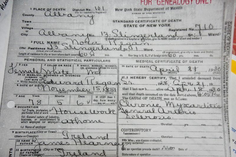 Death certificate for Kate’s great grandmother Norah Hearney Regan in Albany, NY. Norah’s mother’s surname is on the certificate. A great find indeed!