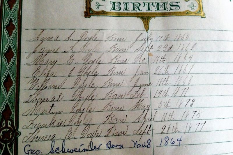 Family bible in which Mike’s Doyle ancestors’ births were recorded back to 1860.