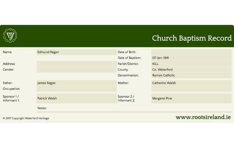 Kate’s great grandfather Edmund Regan’s 1841 baptism record on Roots Ireland website. The names of both of Edmund’s parents appear on the record.