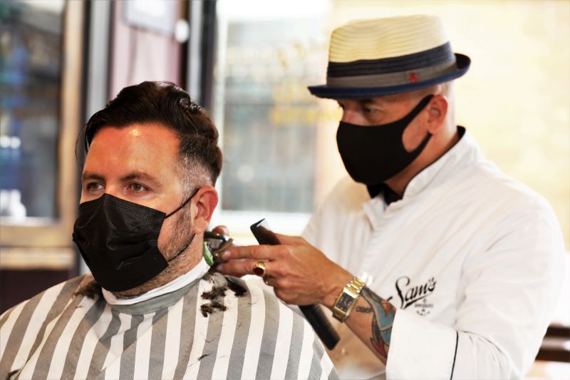 May 10: Christian Hoey cutting the hair of Clyde Carroll at Sam\'s Barbers in Dublin. Hairdressers are part of the shops that are beginning to reopen today in the country with Level 5 restrictions easing May 10: Christian Hoey cutting the hair of Clyde Carroll at Sam\'s Barbers in Dublin. Hairdressers are part of the shops that are beginning to reopen today in the country with Level 5 restrictions easing