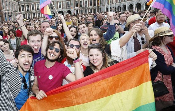 Dublin Castle celebrations after a "Yes" vote on marriage equality in Ireland, 2015. Dublin Castle celebrations after a "Yes" vote on marriage equality in Ireland, 2015.