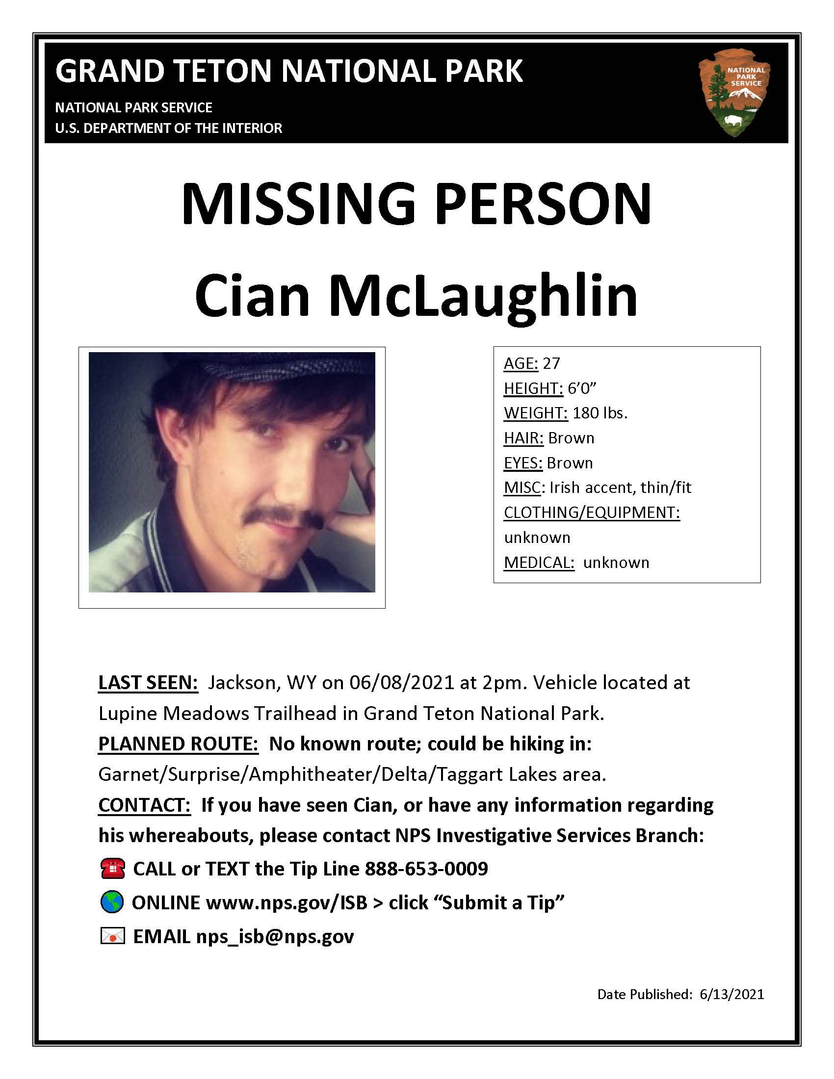 Missing person: Cian McLaughlin, in Wyoming. Missing person: Cian McLaughlin, in Wyoming.
