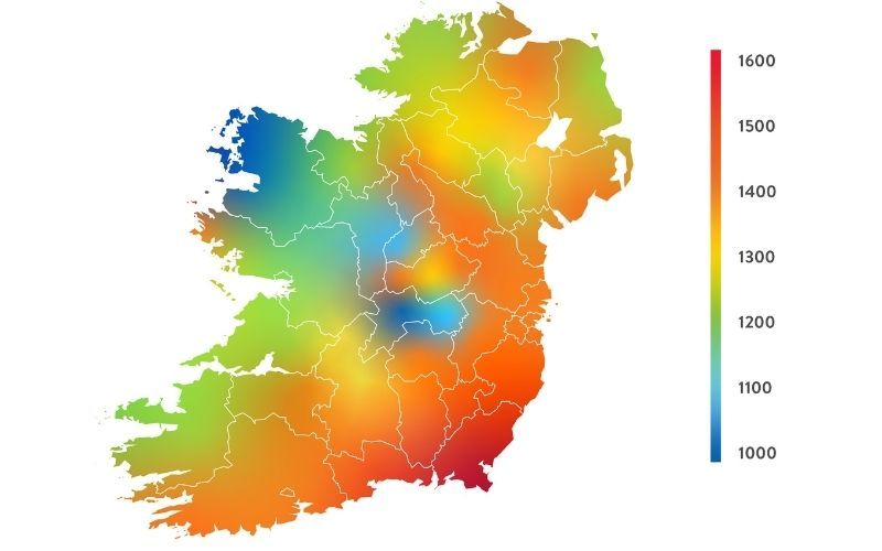Irish annual sunshine hours heatmap Irish annual sunshine hours heatmap