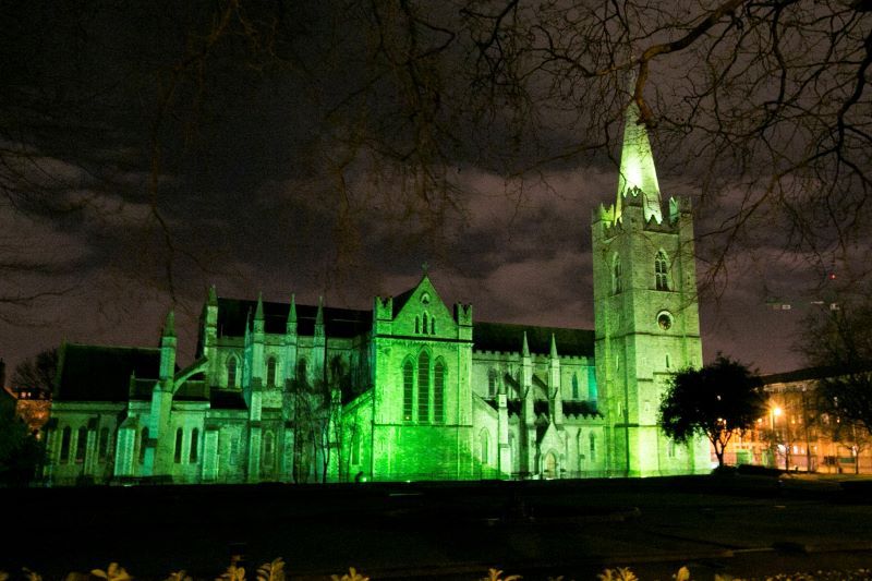 St. Patrick's Cathedral, lit up green ahead of St. Patrick's Day. (Ireland's Content Pool)