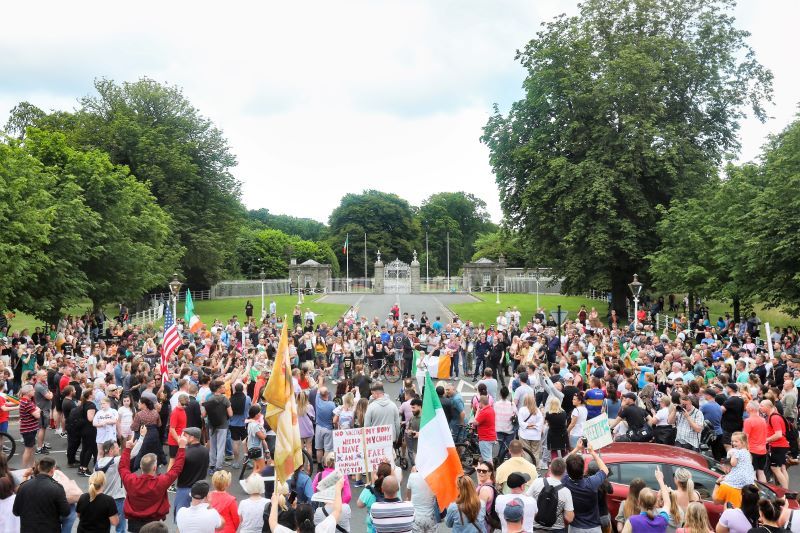 July 15, 2021: Protesters outside Aras an Uachtarain in Phoenix Park, Dublin urging President Higgins to not sign the new bill. (RollingNews.ie). (RollingNews.ie)