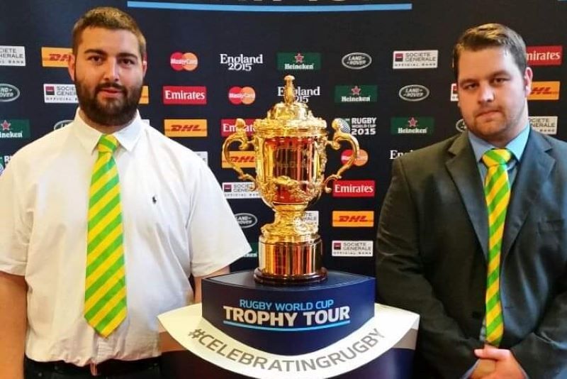 Stephen Morse and Séan Burke with the William Webb Ellis Cup.