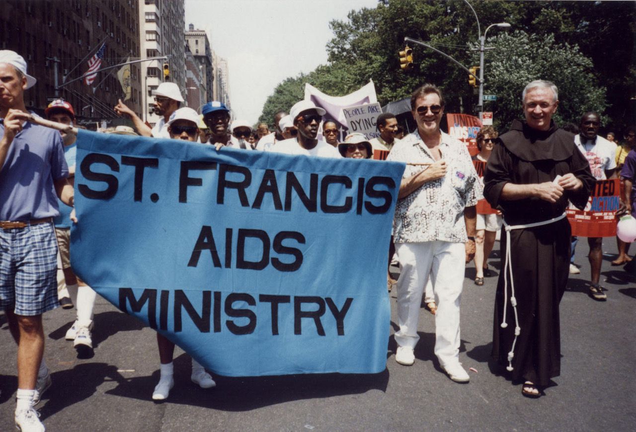 Father Mychal on the march with his AIDS ministry. Father Mychal on the march with his AIDS ministry.