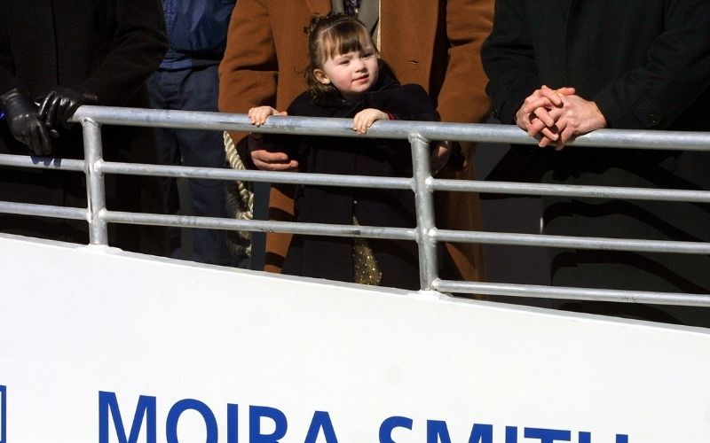 Patricia Smith stands aboard the newly-christened high-speed ferry "the Moira Smith" in February 2002. Getty