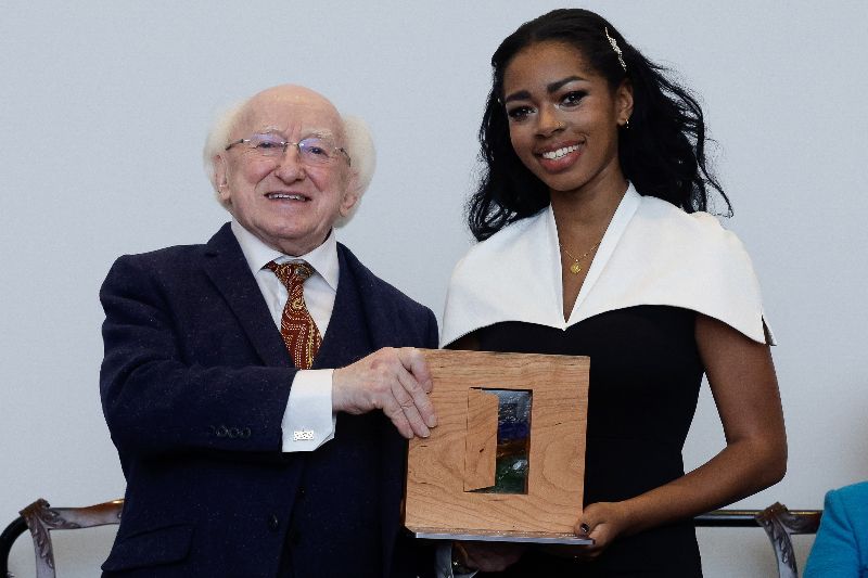 December 8, 2022: Morgan Bullock with President Higgins at the Distinguished Service Awards Ceremony 2022. (Maxwells Photography / Áras an Uachtaráin) December 8, 2022: Morgan Bullock with President Higgins at the Distinguished Service Awards Ceremony 2022. (Maxwells Photography / Áras an Uachtaráin)