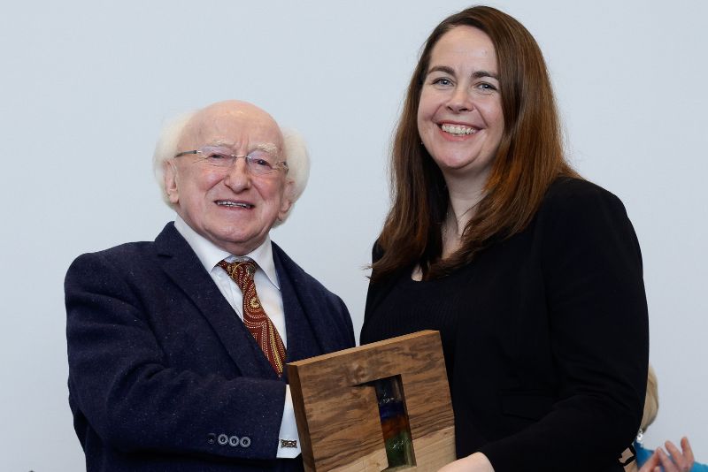 December 8, 2022: Teresa Lambe with President Higgins at the Distinguished Service Awards Ceremony 2022. (Maxwells Photography / Áras an Uachtaráin) December 8, 2022: Teresa Lambe with President Higgins at the Distinguished Service Awards Ceremony 2022. (Maxwells Photography / Áras an Uachtaráin)