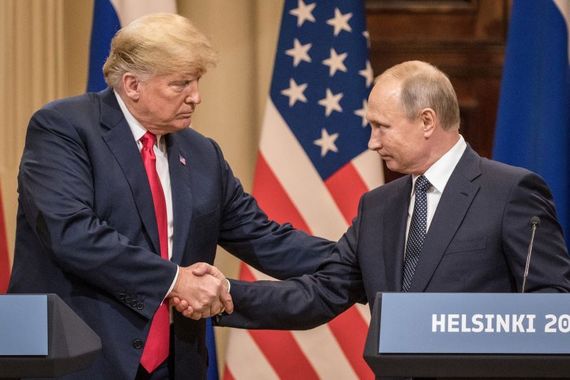 July 16, 2018: US President Donald Trump and Russian President Vladimir Putin shake hands during a joint press conference after their summit in Helsinki, Finland. The two leaders met one-on-one and discussed a range of issues including the 2016 US Election collusion. (Getty Images) July 16, 2018: US President Donald Trump and Russian President Vladimir Putin shake hands during a joint press conference after their summit in Helsinki, Finland. The two leaders met one-on-one and discussed a range of issues including the 2016 US Election collusion. (Getty Images)